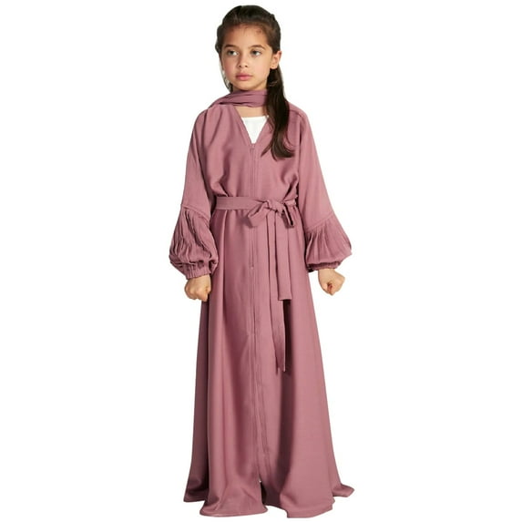 IDOPIP Kids Girls Muslim Abaya Long Sleeve Snap Front Dress with Belt Robe Kimono Dubai Hijab Dress
