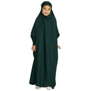 IDOPIP Kids Girls Muslim Abaya Prayer Clothes Long Sleeve Full Cover Hijab Dubai Kaftan 6-7 Years Dark Green