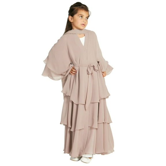 IDOPIP Kids Girls Muslim Chiffon Abaya Open Front Cardigan Modest Dress with Hijab Middle East Arabian Robe