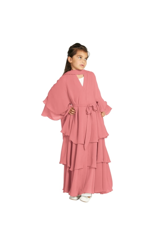 Kids Girls Muslim Chiffon Abaya Open Front Cardigan Modest Dress with Hijab Middle East Arabian Robe