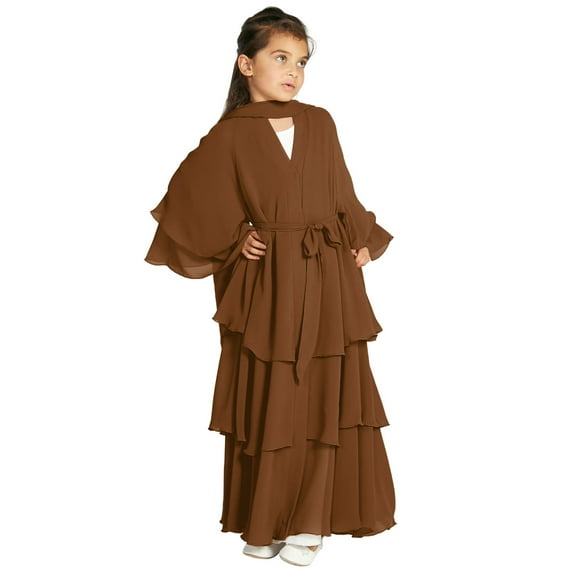 IDOPIP Kids Girls Muslim Chiffon Abaya Open Front Cardigan Modest Dress with Hijab Middle East Arabian Robe