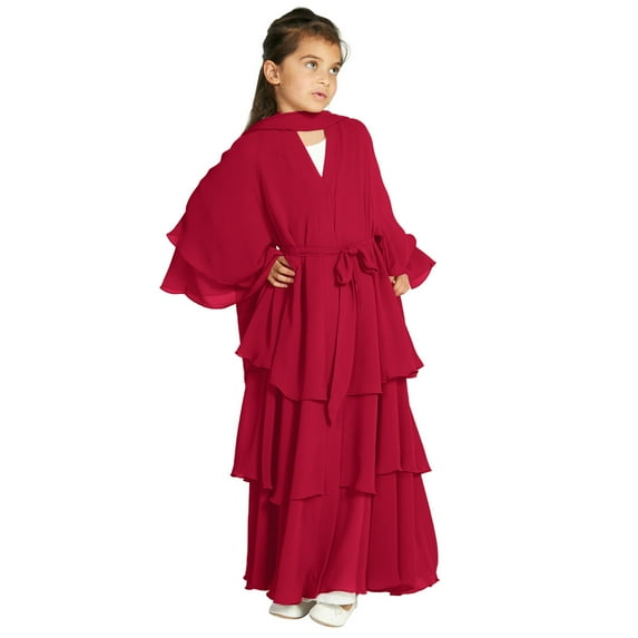 IDOPIP Kids Girls Muslim Chiffon Abaya Open Front Cardigan Modest Dress with Hijab Middle East Arabian Robe
