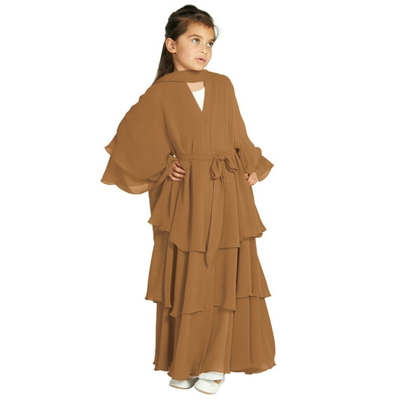IDOPIP Kids Girls Muslim Chiffon Abaya Open Front Cardigan Modest Dress with Hijab Middle East Arabian Robe