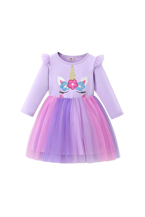 Kids Girls Sequin Tulle Tutu Dress Long Sleeve Ruffle Dress Light Purple Fall Winter Casual Dress 3-4 Years