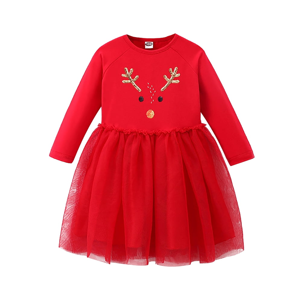 Idopip Kids Girls Sequin Tulle Tutu Dress Long Sleeve Ruffle Red Dress Fall Winter Casual Dress 3-4 Years