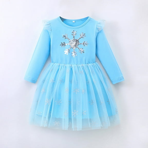 IDOPIP Kids Girls Sequin Tulle Tutu Dress Long Sleeve Ruffle Dress Light Blue Fall Winter Casual Dress 4-5 Years
