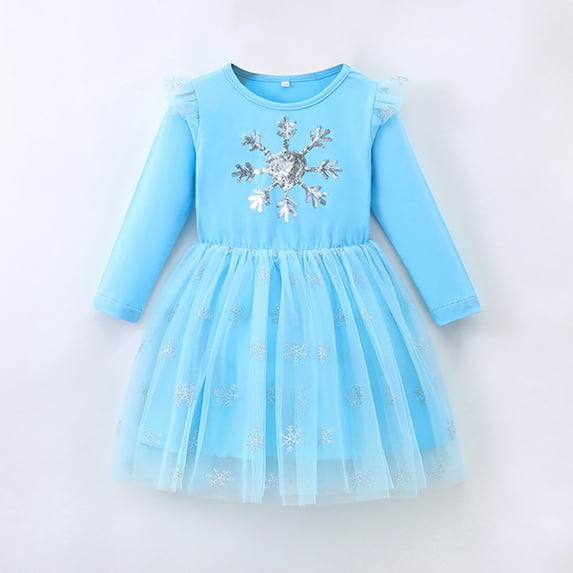 IDOPIP Kids Girls Sequin Tulle Tutu Dress Long Sleeve Ruffle Dress Light Blue Fall Winter Casual Dress 6-7 Years