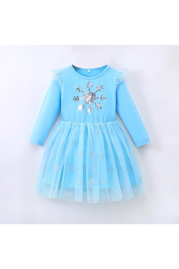 Kids Girls Sequin Tulle Tutu Dress Long Sleeve Ruffle Dress Light Blue Fall Winter Casual Dress 5-6 Years
