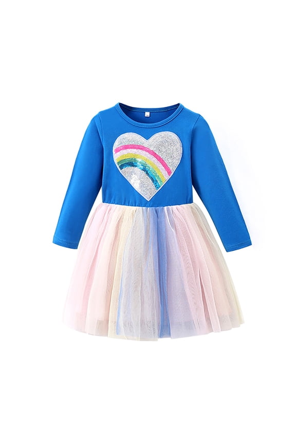 Kids Girls Sequin Tulle Tutu Dress Long Sleeve Ruffle Dress Dark Blue Fall Winter Casual Dress Size 7-8 Years