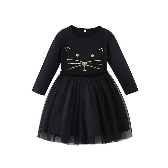 IDOPIP Kids Girls Sequin Tulle Tutu Dress Long Sleeve Ruffle Dress Black Fall Winter Casual Dress