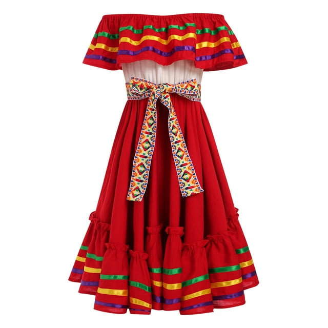 IDOPIP Kids Girls Traditional Mexican Dress Cinco De Mayo Fiesta Ribbon Ruffle Drape Party ...