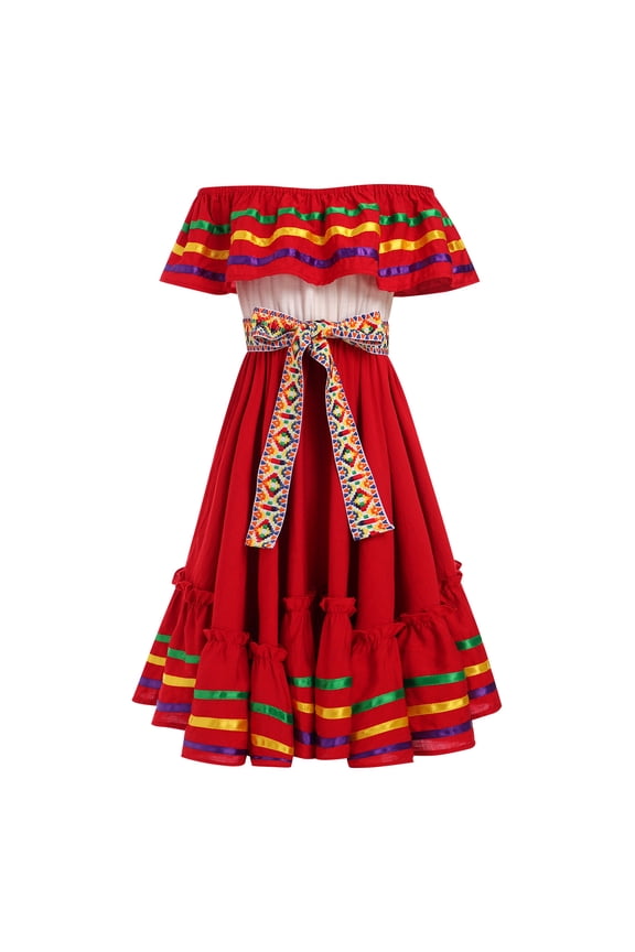 Kids Girls Traditional Mexican Dress Cinco De Mayo Fiesta Ribbon Ruffle Drape Party Dresses