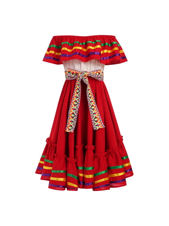 Kids Girls Traditional Mexican Dress Cinco De Mayo Fiesta Ribbon Ruffle Drape Party Dresses