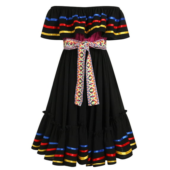 IDOPIP Kids Girls Traditional Mexican Dress Cinco De Mayo Fiesta Ribbon Ruffle Drape Party Dresses