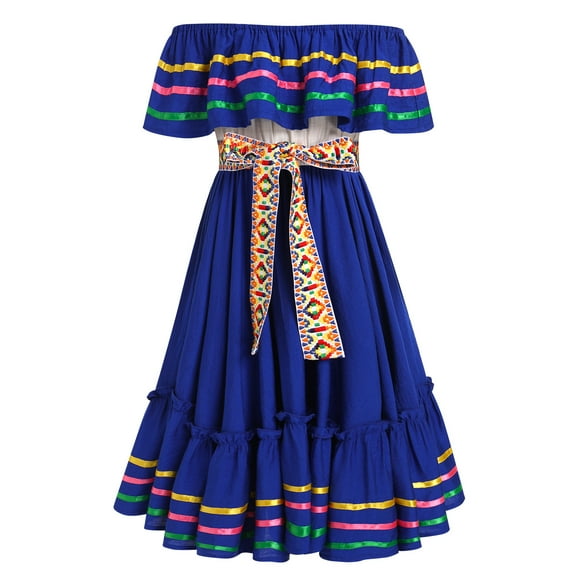 IDOPIP Kids Girls Traditional Mexican Dress Cinco De Mayo Fiesta Ribbon Ruffle Drape Party Dresses