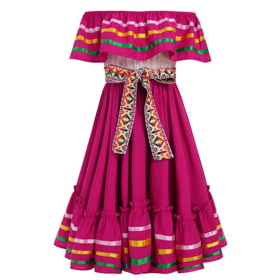 IDOPIP Kids Girls Traditional Mexican Dress Cinco De Mayo Fiesta Ribbon Ruffle Drape Party Dresses