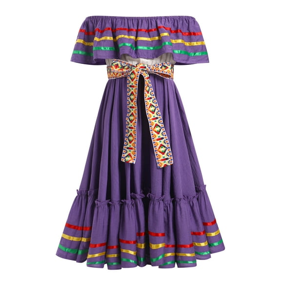 IDOPIP Kids Girls Traditional Mexican Dress Cinco De Mayo Fiesta Ribbon Ruffle Drape Party Dresses