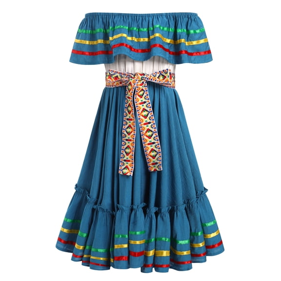 IDOPIP Kids Girls Traditional Mexican Dress Cinco De Mayo Fiesta Ribbon Ruffle Drape Party Dresses