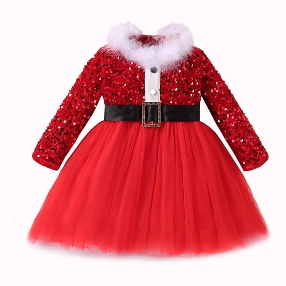 IDOPIP Kids Toddler Girls Christmas Dress Halter Neck Velvet Ruffle Dress with Belt