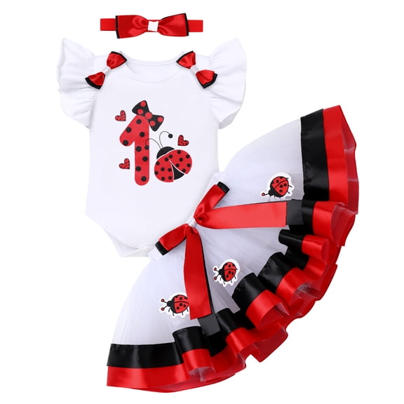 IDOPIP Ladybug Cow Bee 1st Birthday Outfit for Baby Girls Flutter Sleeves Romper Tutu Skirt Headband