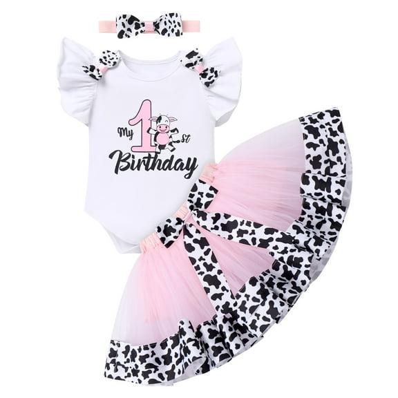 IDOPIP Ladybug Cow Bee 1st Birthday Outfit for Baby Girls Flutter Sleeves Romper Tutu Skirt Headband