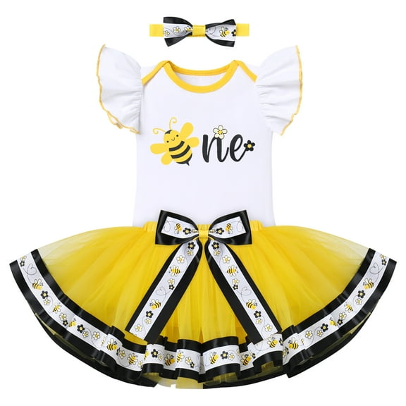 IDOPIP Ladybug Cow Bee 1st Birthday Outfit for Baby Girls Flutter Sleeves Romper Tutu Skirt Headband