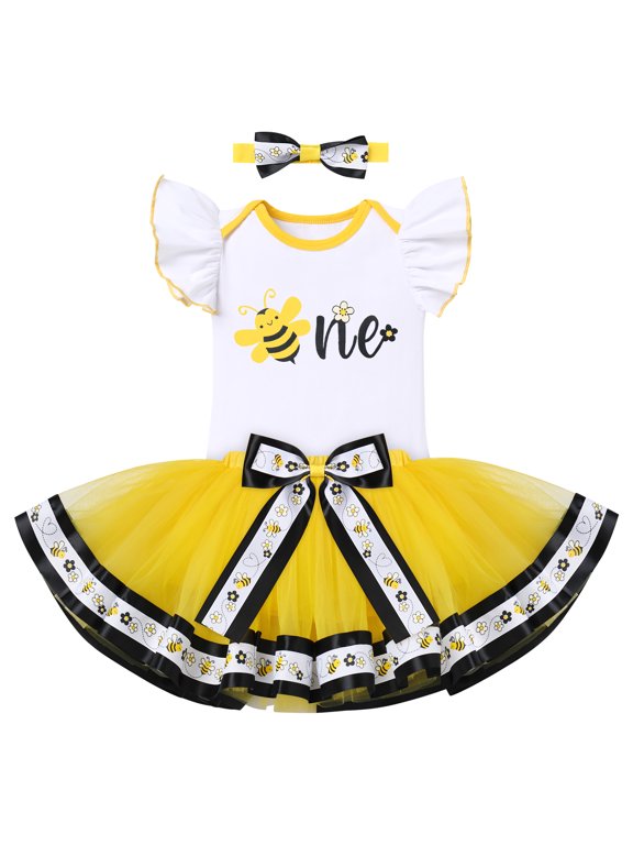 Ladybug Cow Bee 1st Birthday Outfit for Baby Girls Flutter Sleeves Romper Tutu Skirt Headband