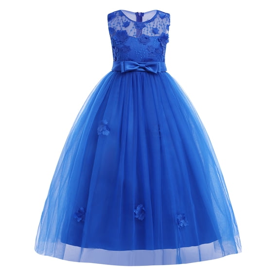 IDOPIP Little Big Girls Tulle Retro Vintage Dresses Flower Lace Pageant Party Wedding Floor Length Dance Evening Gown 12-13 Years Royal Blue