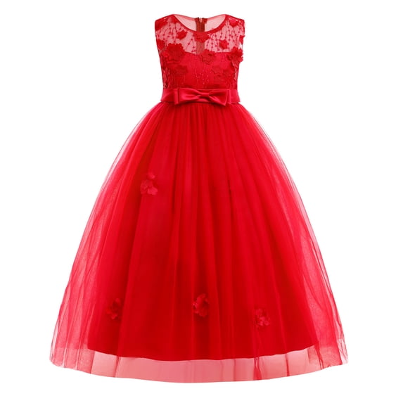 IDOPIP Little Big Girls Tulle Retro Vintage Dresses Flower Lace Pageant Party Wedding Floor Length Dance Evening Gown 7-8 Years Red