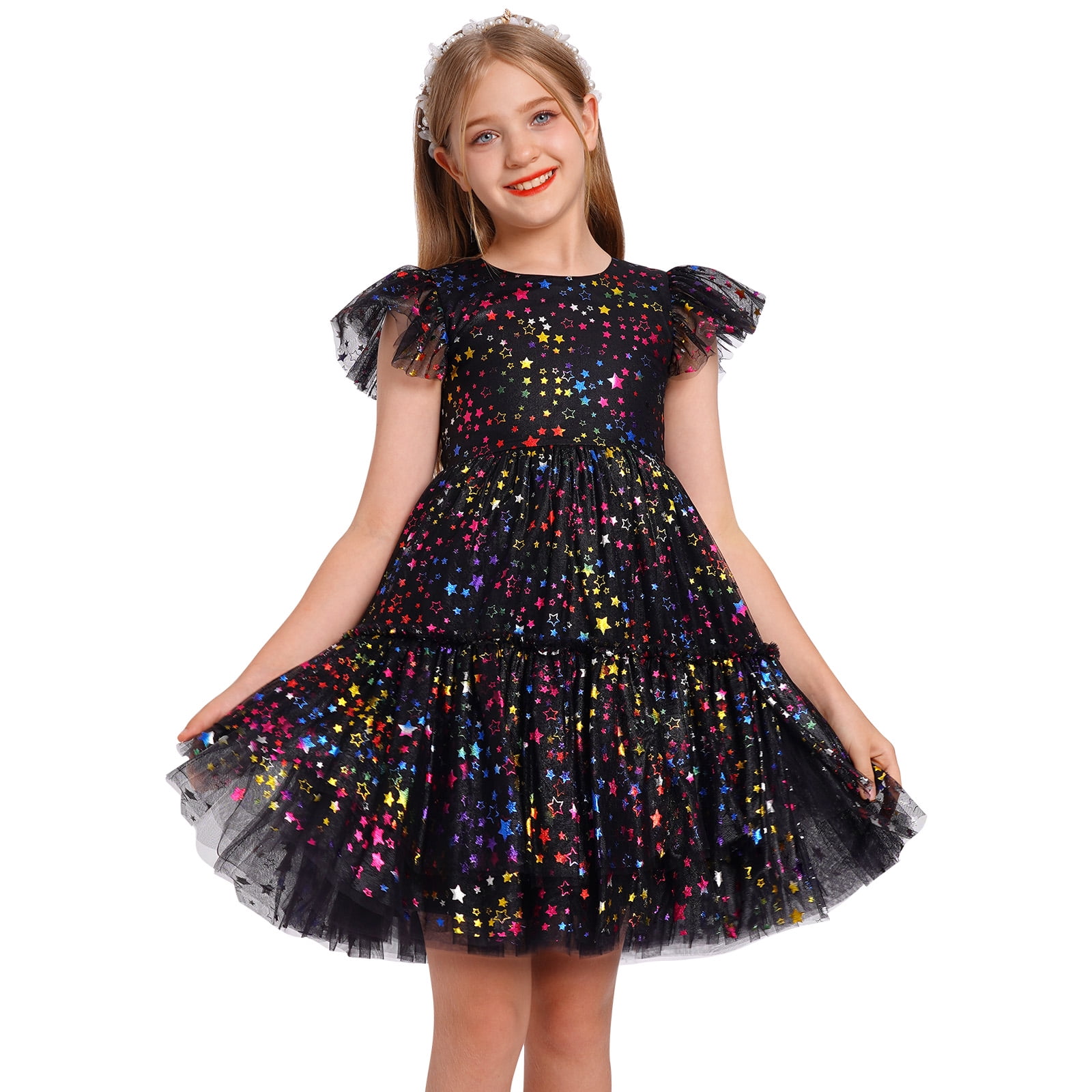 IDOPIP Little Girl Sequin Star Tutu Dress Ruffles Sleeve Tulle Princess Dress for Kids Girl