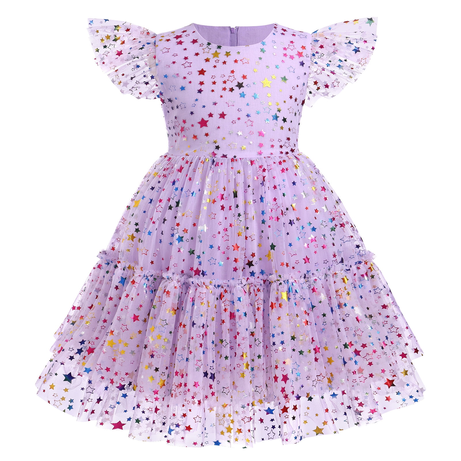 IDOPIP Little Girl Sequin Star Tutu Dress Ruffles Sleeve Tulle Princess Dress for Kids Girl