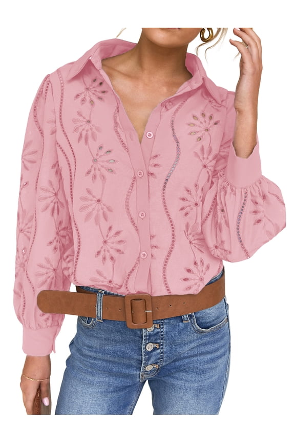 Long Sleeve Blouses for Women Leisure Baggy Cozy Shirts Flower Eyelet Pink Cute Tees 2025 L