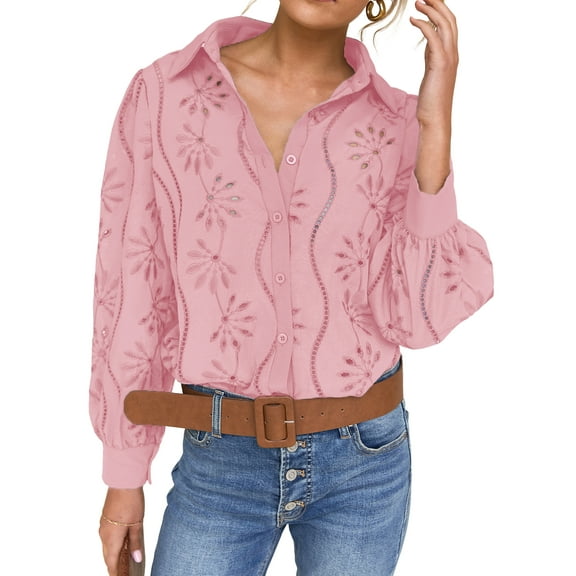 IDOPIP Long Sleeve Blouses for Women Leisure Baggy Cozy Shirts Flower Eyelet Pink Cute Tees 2025 XL