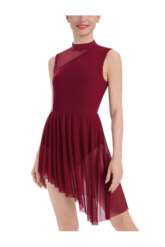 Lyrical Dance Dress for Women Contemporary Dance Costumes ﻿Solid Mesh Asymmetric Flowy Tulle Skirt for Competition M Burgundy