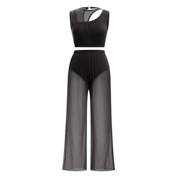 IDOPIP Lyrical Dance Dress for Women Modern Contemporary Dance Costume Cutout Tank Crop Top + Mesh Wide Leg Sheer Pants 2PCS Ballet Outfits XL Black