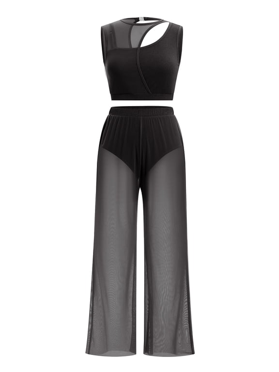 Lyrical Dance Dress for Women Modern Contemporary Dance Costume Cutout Tank Crop Top + Mesh Wide Leg Sheer Pants 2PCS Ballet Outfits XL Black
