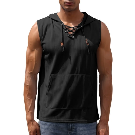 IDOPIP Men's Hooded Tank Top Sleeveless Pullover Top with Pocket Hoodies Muscle Gym Shirts S-XL
