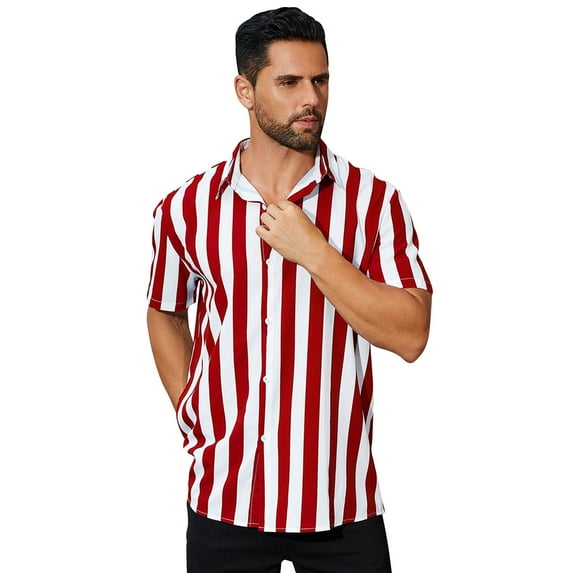 IDOPIP Mens Summer Striped Shirts Button Down Short Sleeve Vintage Beach Hawaiian Shirts