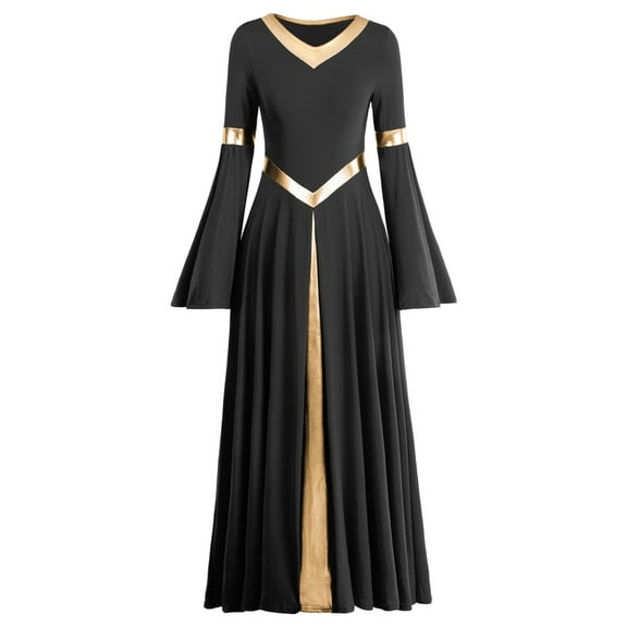 IDOPIP Metallic V Neck Praise Dance Dress for Women Liturgical Lyrical Dancewear Worship Robe Dress