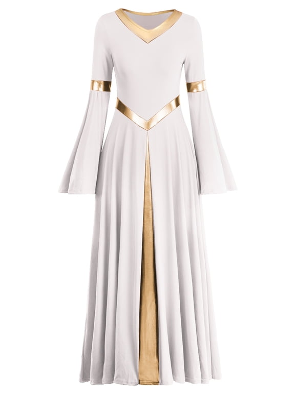 Metallic V Neck Praise Dance Dress for Women Liturgical Lyrical Dancewear Worship Robe Dress