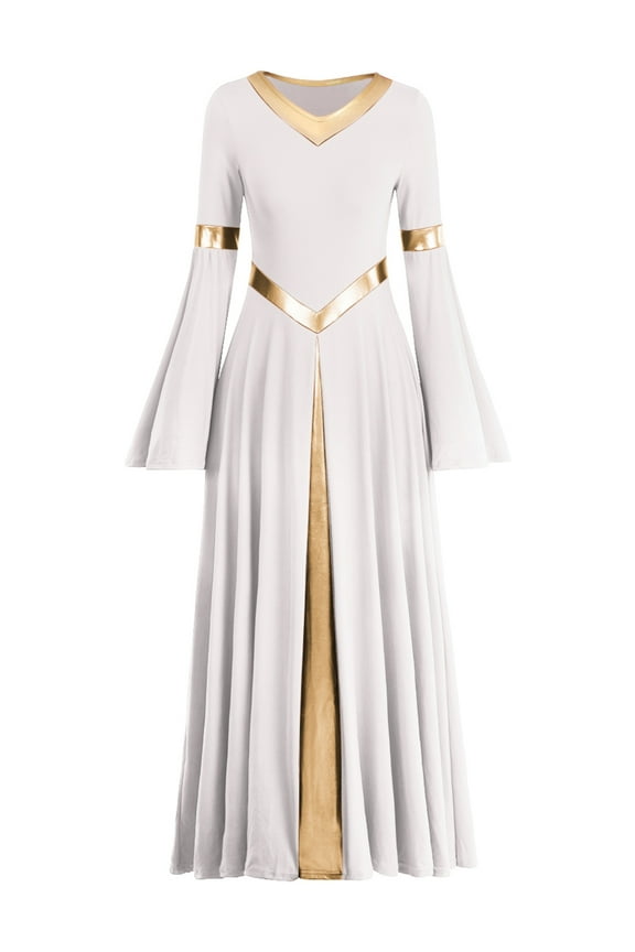 Metallic V Neck Praise Dance Dress for Women Liturgical Lyrical Dancewear Worship Robe Dress