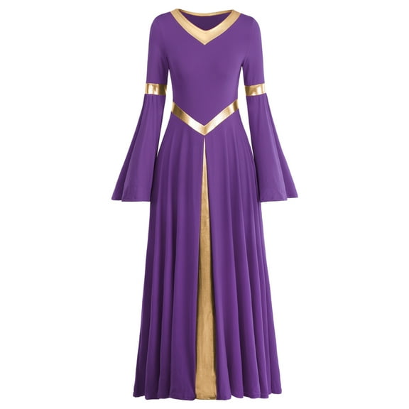 IDOPIP Metallic V Neck Praise Dance Dress for Women Liturgical Lyrical Dancewear Worship Robe Dress