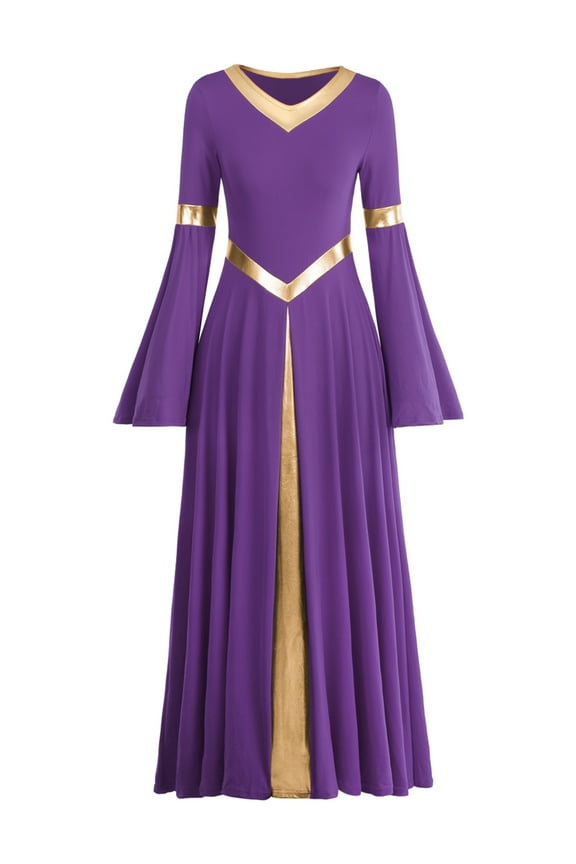 Metallic V Neck Praise Dance Dress for Women Liturgical Lyrical Dancewear Worship Robe Dress