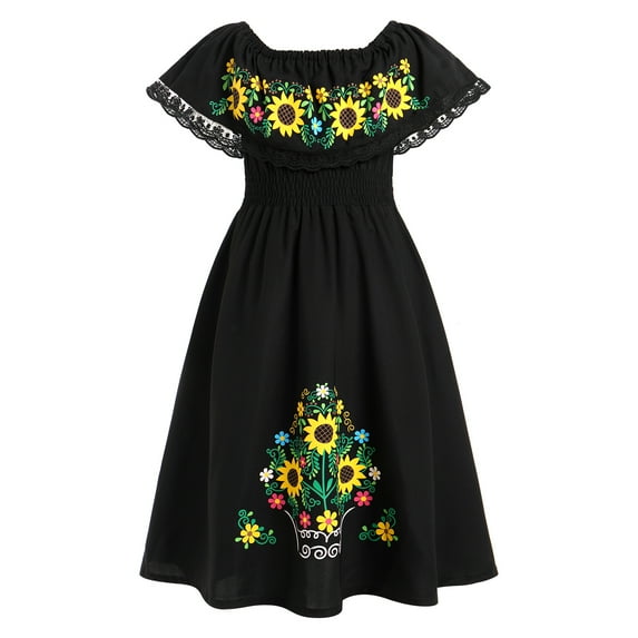 IDOPIP Mexican Dress for Girls Off-Shoulder Sunflower Print Drape Traditional Fiesta Ethnic Dresses