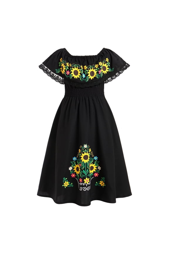 Mexican Dress for Girls Off-Shoulder Sunflower Print Drape Traditional Fiesta Ethnic Dresses