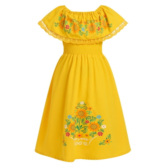 IDOPIP Mexican Dress for Girls Off-Shoulder Sunflower Print Drape Traditional Fiesta Ethnic Dresses