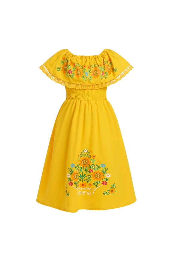 Mexican Dress for Girls Off-Shoulder Sunflower Print Drape Traditional Fiesta Ethnic Dresses