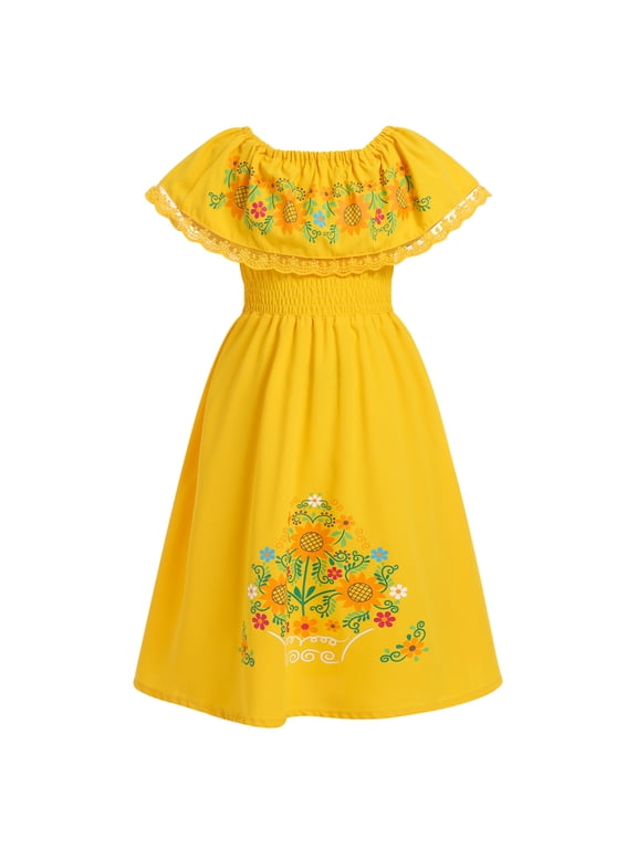 Mexican Dress for Girls Off-Shoulder Sunflower Print Drape Traditional Fiesta Ethnic Dresses