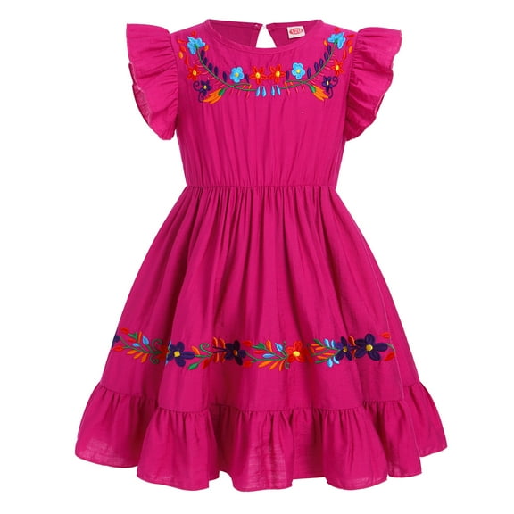 IDOPIP Mexican Dress for Girls Toddler Baby Traditional Floral Embroidery Ethnic Wear Fiesta Dresses