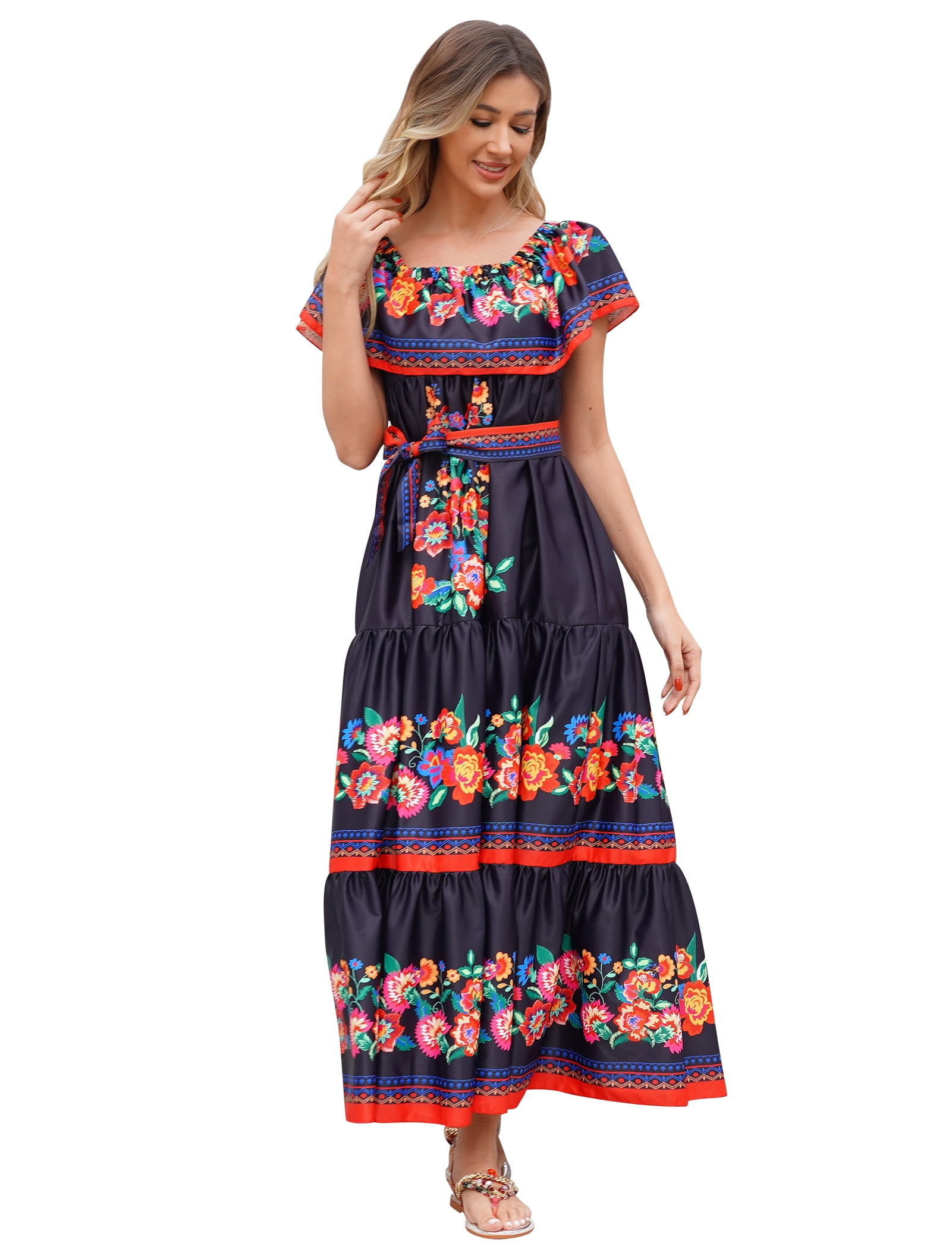 IDOPIP Women s Mexican Dress Off Shoulder Floral Print Maxi Dress M Black Floral Walmart